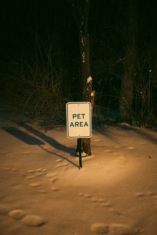 A sign that is on a pole in the snow